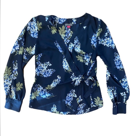 Vince Camuto Blouse Top Blue Floral Wrap Side Tie V Neck Long Sleeve Size XXS - Picture 4 of 4